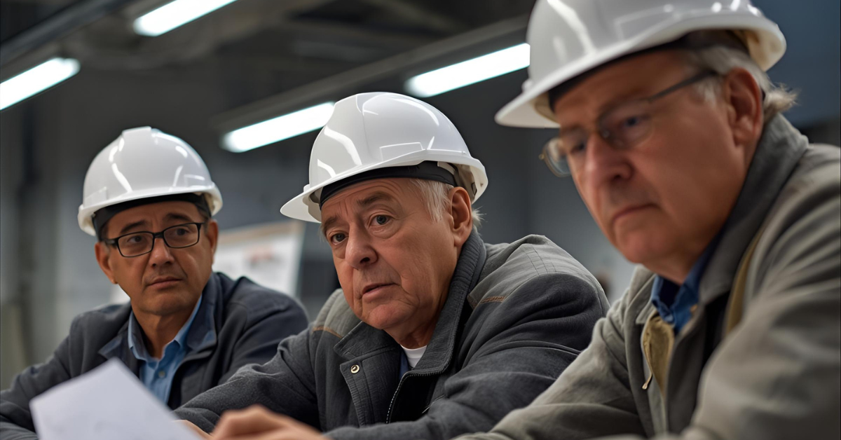 Workers with hard hats meeting